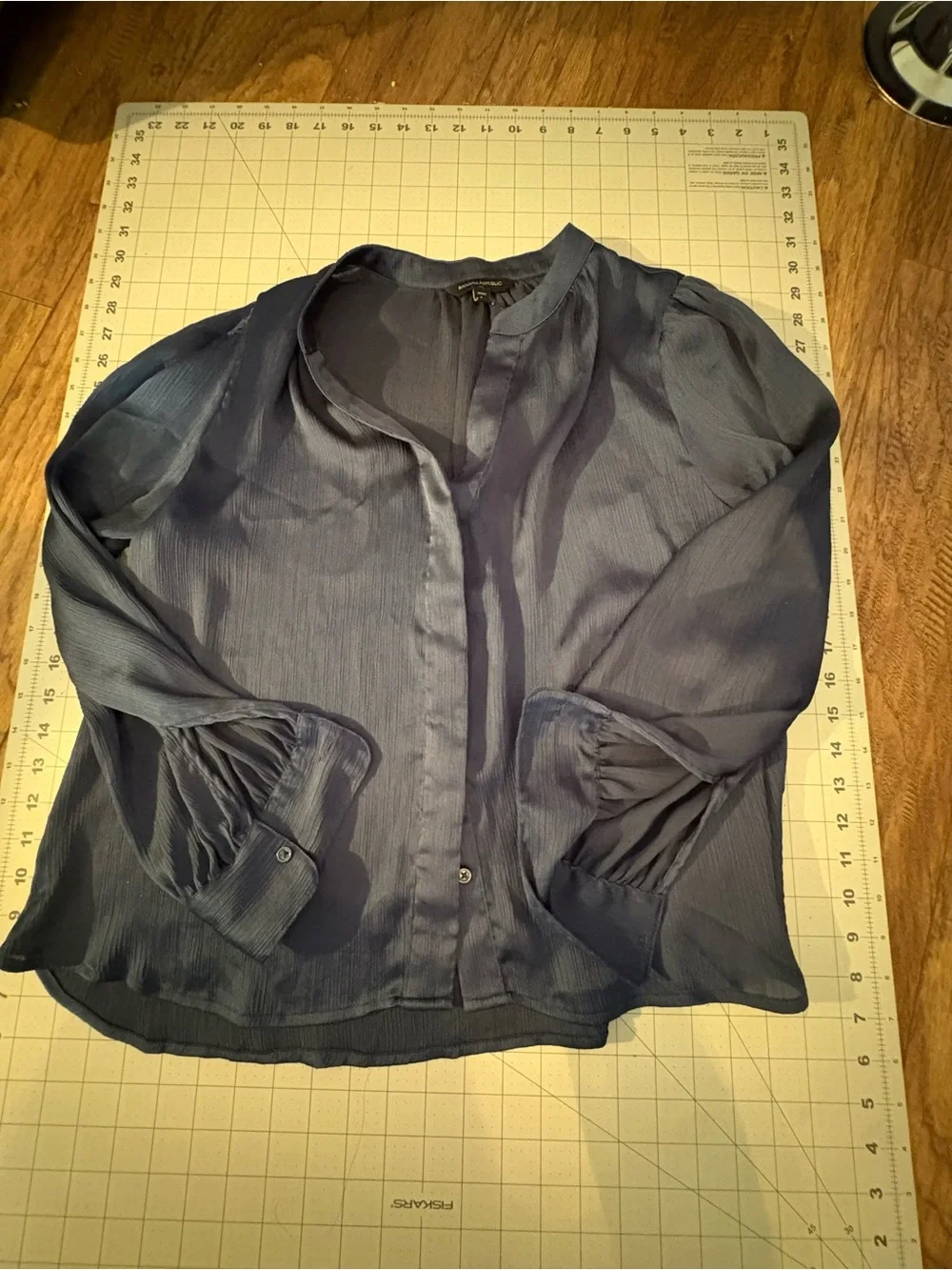 Banana Republic Petite L Black Sheer Chiffon Blouse Keyhole Puff Sleeve Top